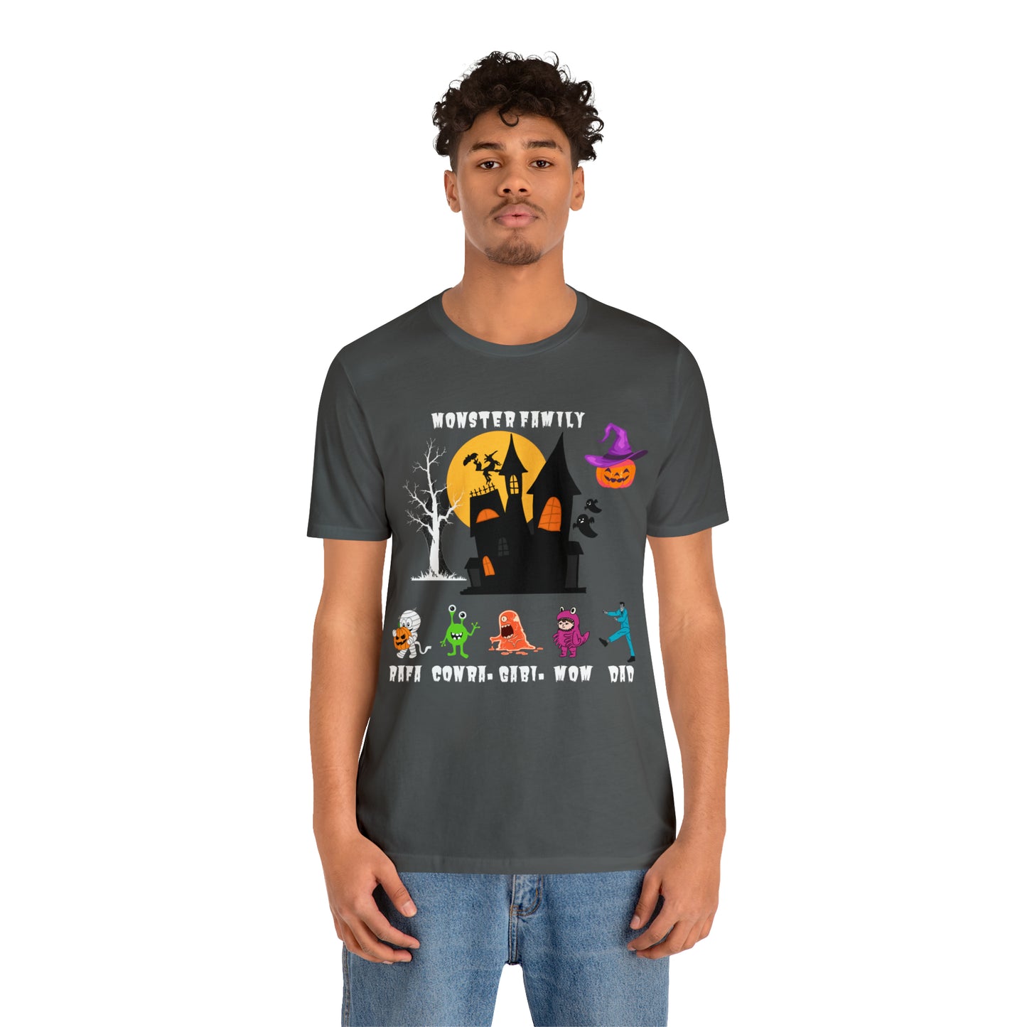 Camiseta de manga corta unisex Jersey de Halloween con nombre personalizado familia de monstruos para hermanos, regalo de abuela. 