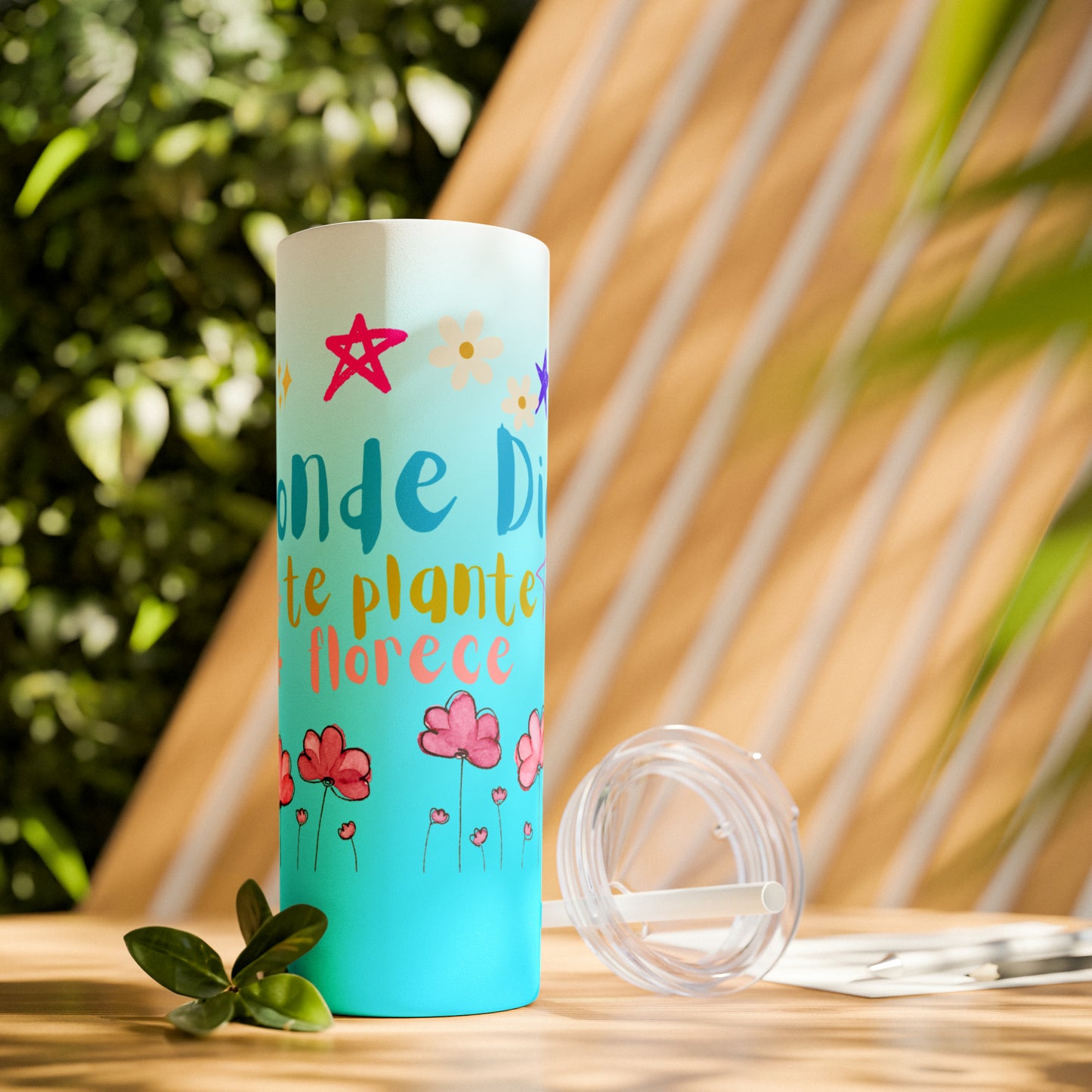 Estrellas en tus manos: Vaso Skinny 20 oz. Donde Dios te planta Florece