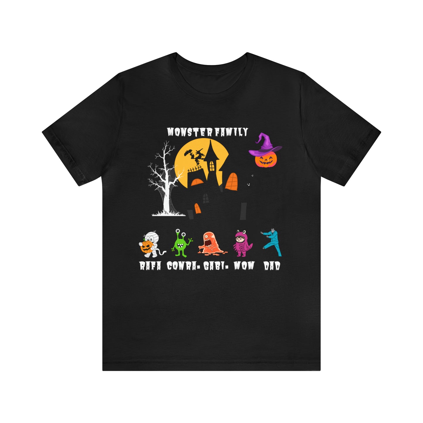 Camiseta de manga corta unisex Jersey de Halloween con nombre personalizado familia de monstruos para hermanos, regalo de abuela. 